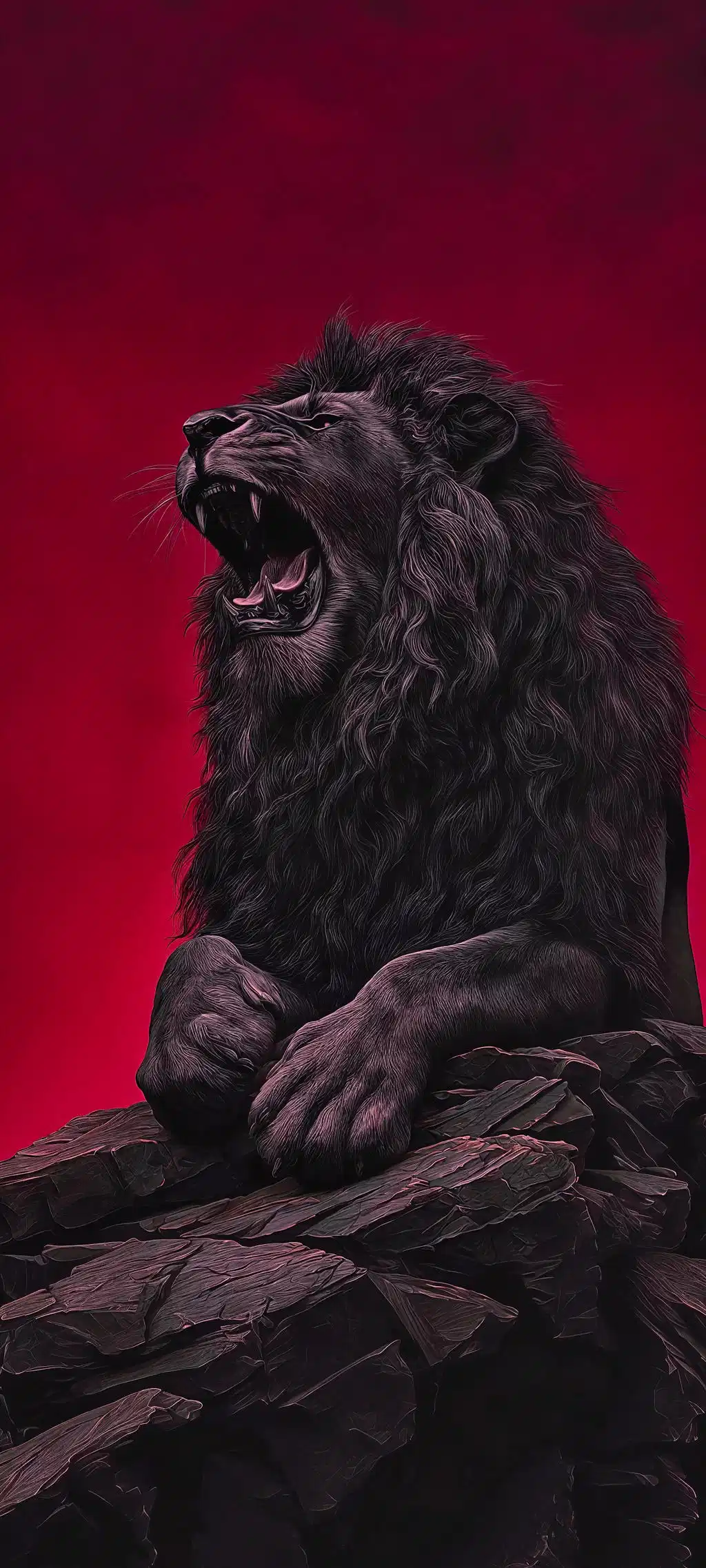 Majestic Lion Roaring Dark Red Background
