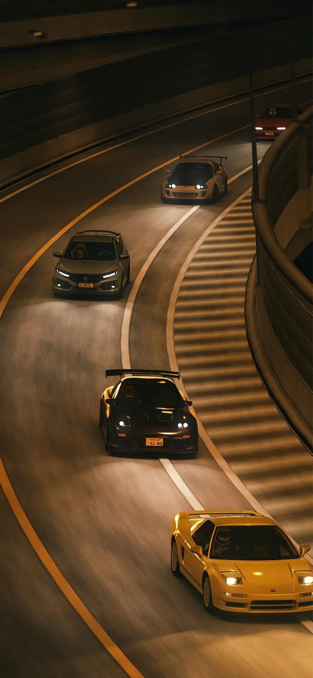 Sports Cars Driving Winding Road Overhead