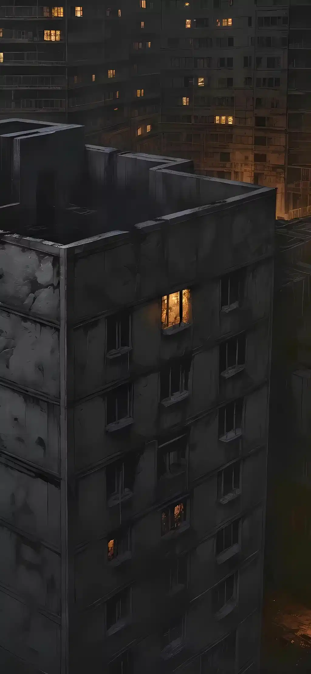 Glowing Windows Dark Apartment Building