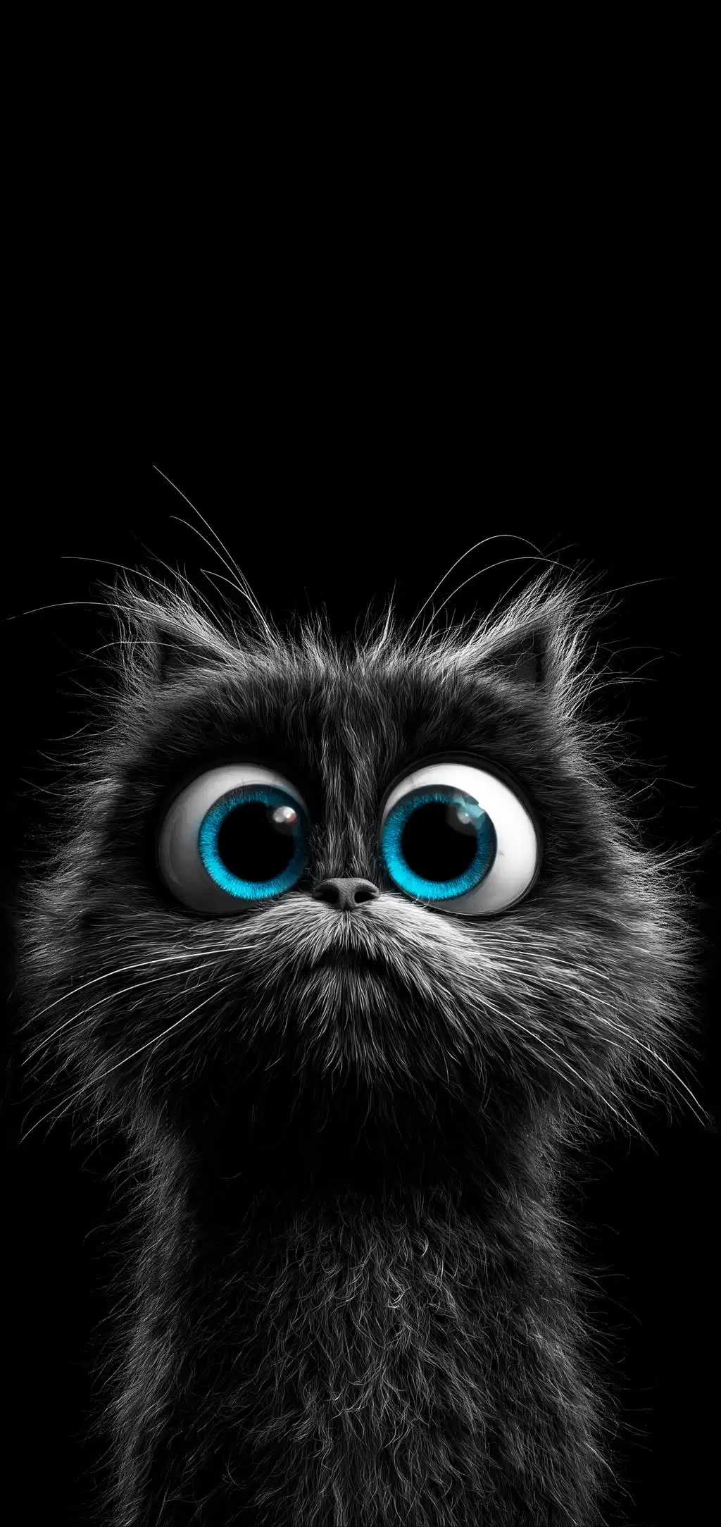 Fluffy Black Cat Glowing Blue Eyes