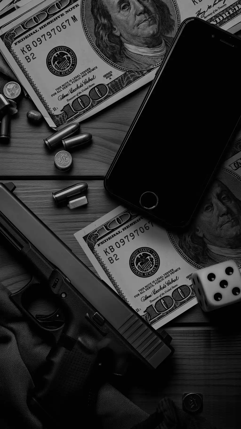 Smartphone And US Dollar Bills Dark Table
