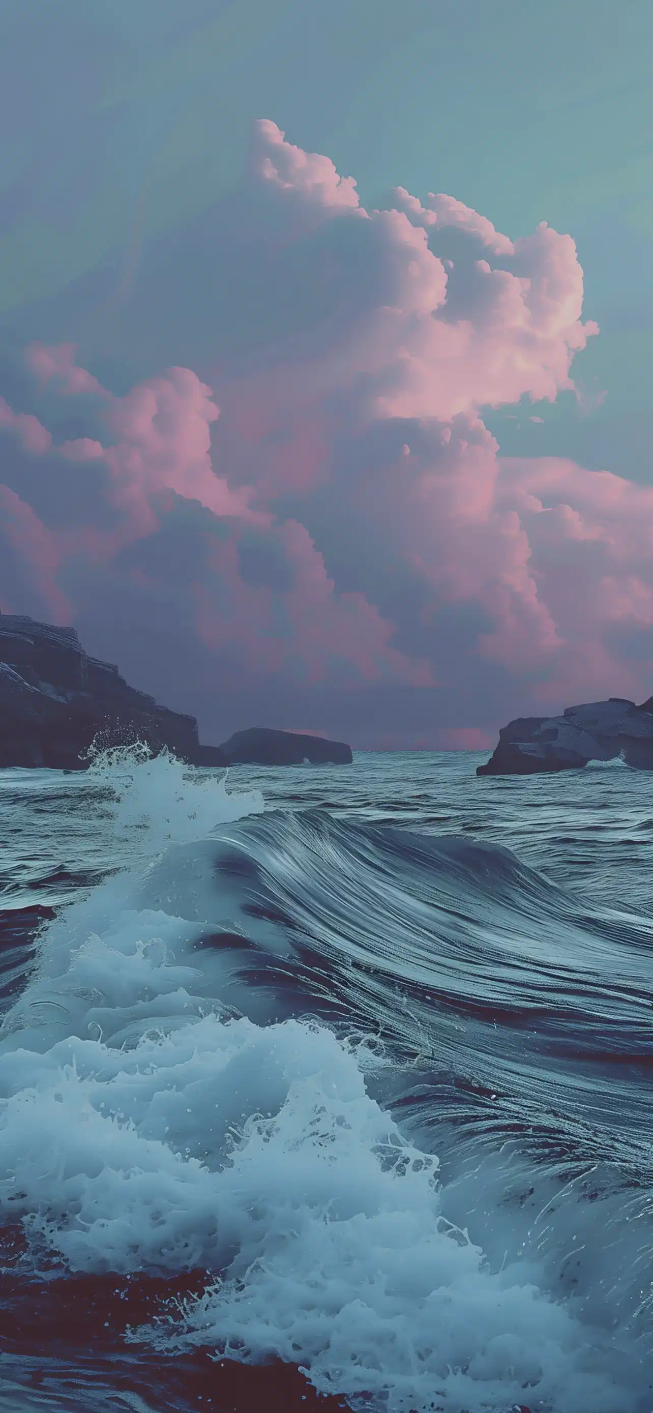 Pink Clouds Ocean Waves