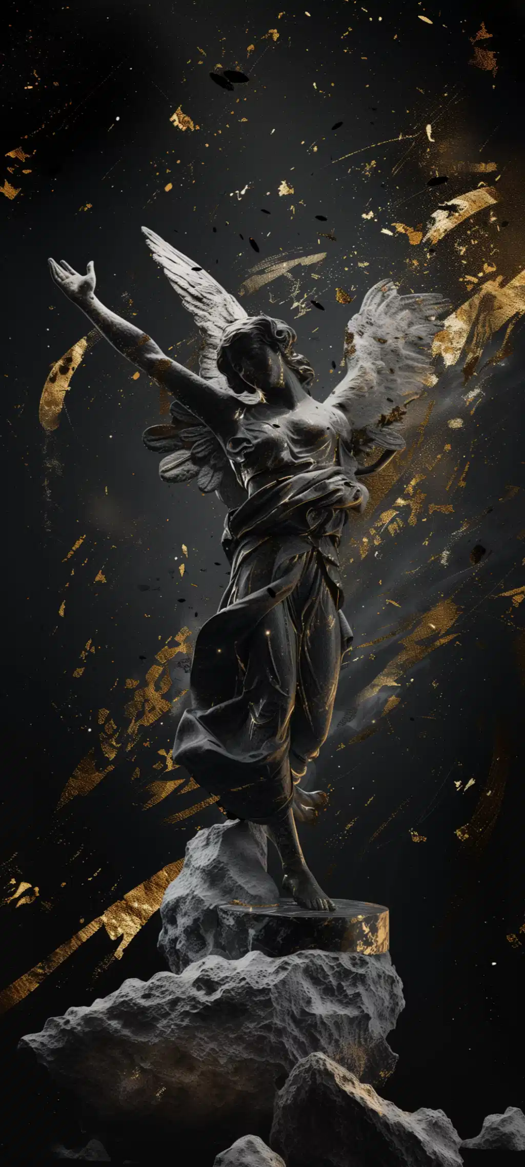 Golden Winged Angel Statue Dark Background