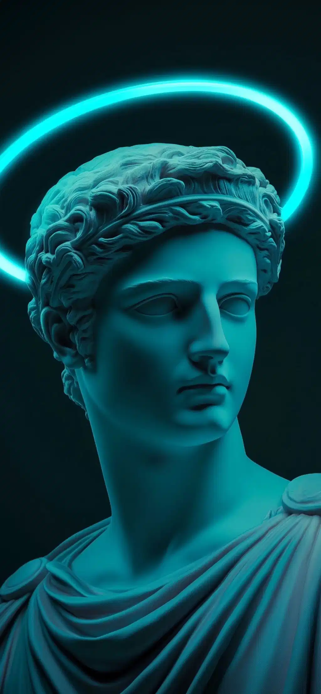 Neon Cyan Glowing Halo Greek God Statue