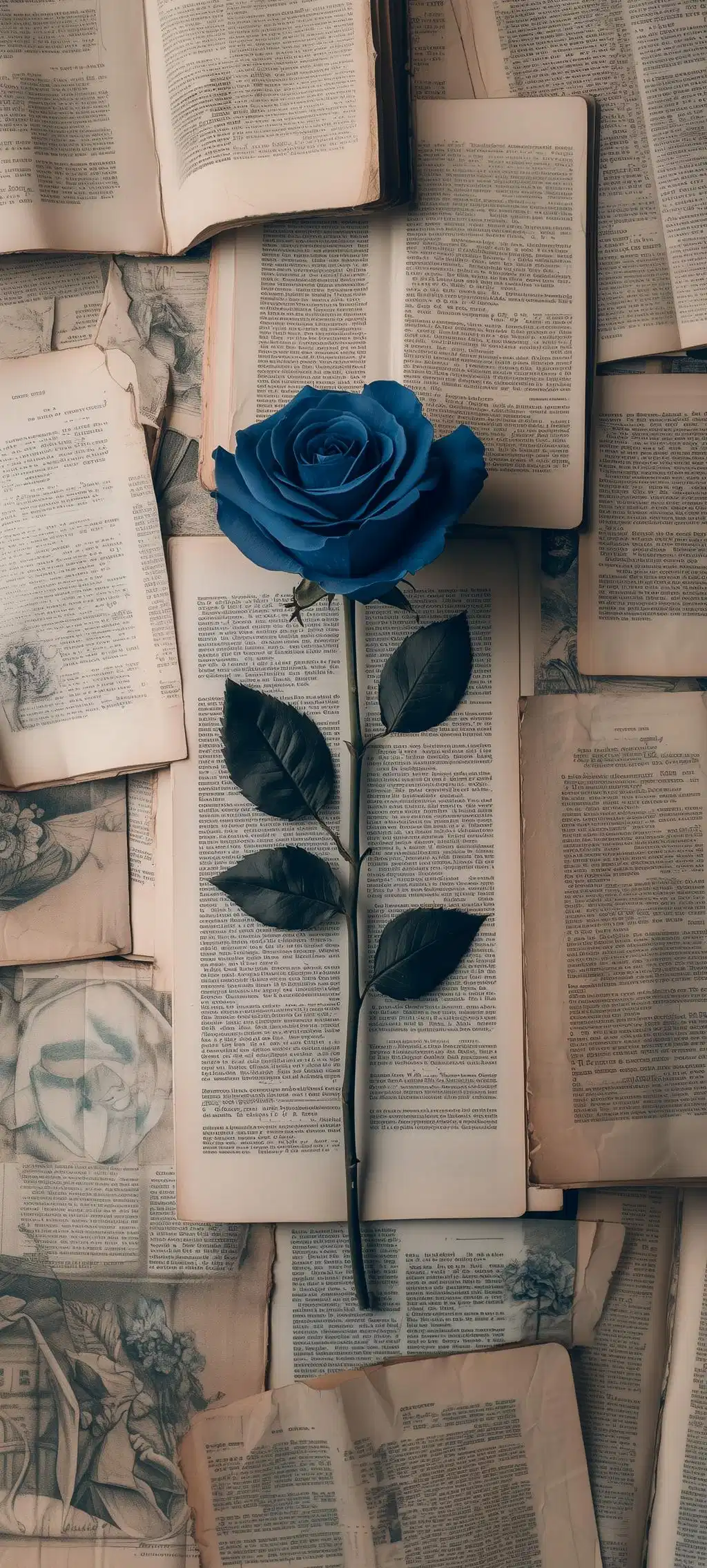 Blue Rose Pressed Old Book Pages